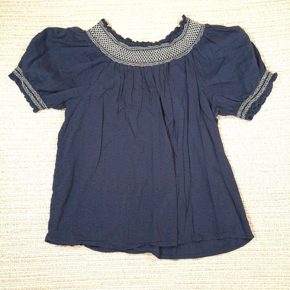 Old Navy Blue Smocked Top Medium Puff Sleeve Swiss Dot Blouse